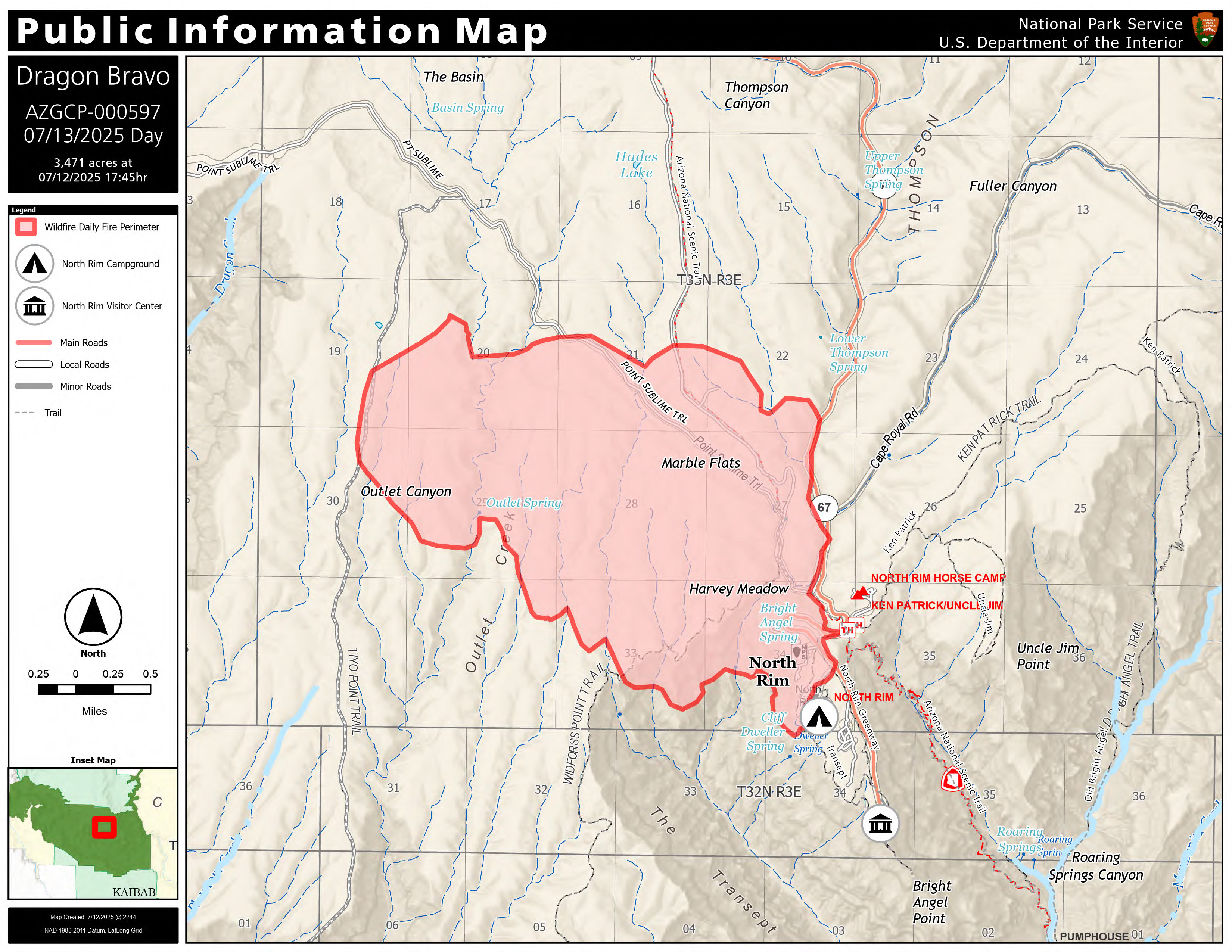 pio_85x11_land_20250712_2244_DragonBravo_AZGCP000597_0713Day (1) PIO Map showing the extent of the Dragon Bravo Fire encompassing most of the southern peninsula of the Kaibab Plateau