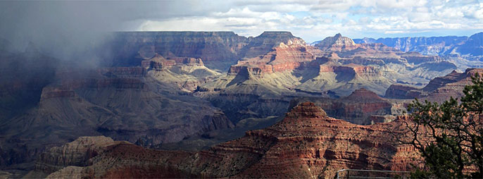 Rain over Grand Canyon as seen from Yavapai Point on South Rim