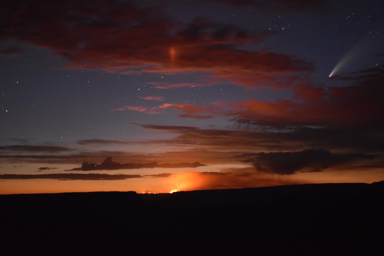 Sunset with fire burning in the background and comet Neowise in upper righthand corner.