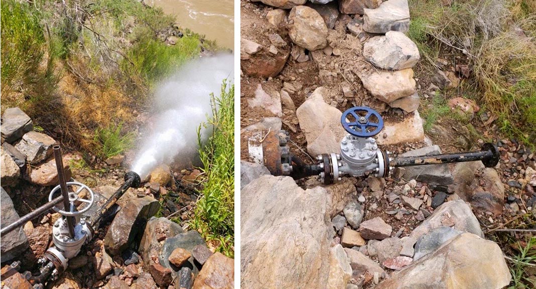 Trans-canyon pipeline valve shown before and after replacement. Photo pair. Left, defective pipeline valve about 1 foot in diameter spraying a blast of water. Right: detail of the new valve.