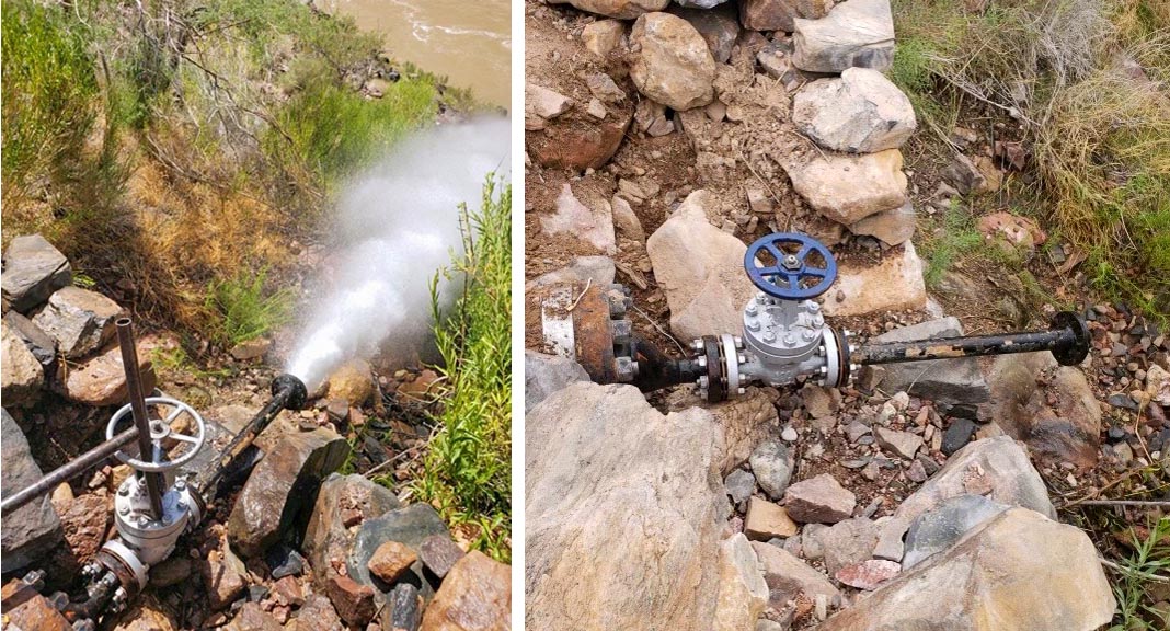 Photo pair. Left, defective pipeline valve about 1 foot in diameter spraying a blast of water. Right: detail of the new valve.