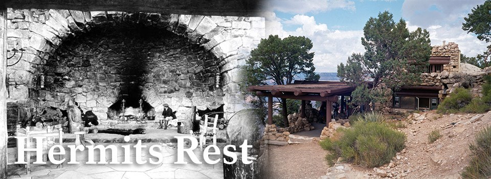 A historic image of Hermits Rest on the left and a modern image of Hermits Rest on the right. A historic image of Hermits Rest on the left and a modern image of Hermits Rest on the right.