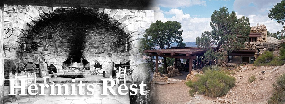 A historic image of Hermits Rest on the left and a modern image of Hermits Rest on the right.