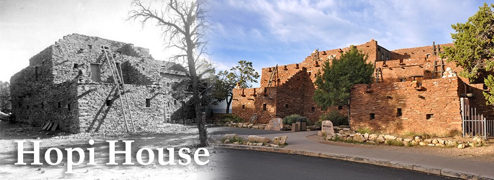 A historic image of Hopi House on the left and a modern image of Hopi House on the right. A historic image of Hopi House on the left and a modern image of Hopi House on the right.