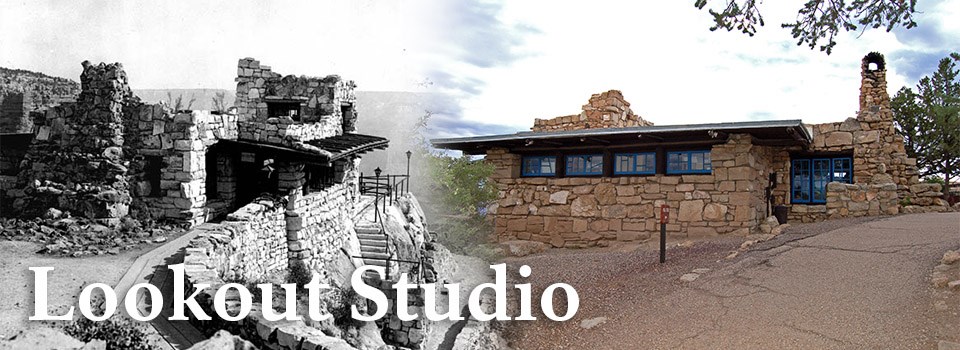 A historic image of Lookout Studio on the left and a modern image of Lookout Studio on the right. A historic image of Lookout Studio on the left and a modern image of Lookout Studio on the right.
