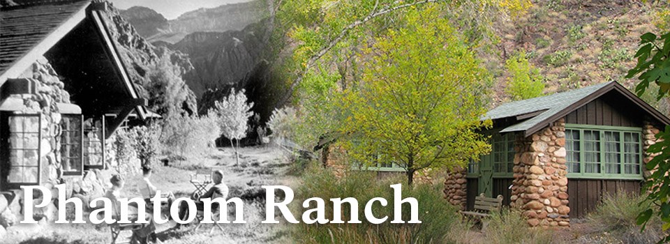 A historic image of Phantom Ranch on the left and a modern image of Phantom Ranch on the right.