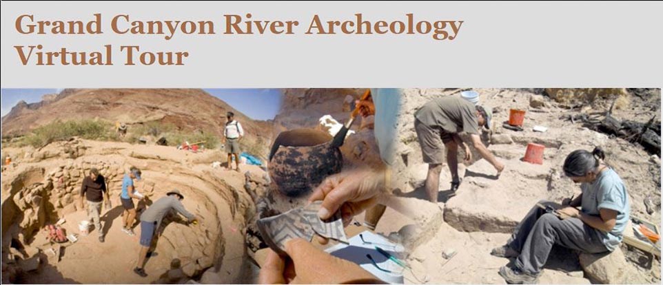 River archaeology virtual tour graphic shows a collage of archaeologists working in a kiva and analyzing pottery sherds and masonry.