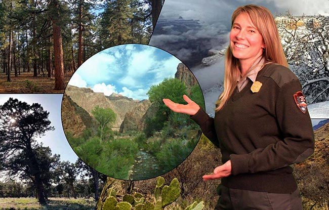 An NPS Park Ranger stands in front of a slide showing Grand Canyon ecosystems including, forest, desert, riparian and a the canyon rim covered with snow.