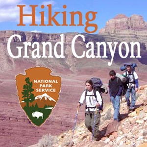 Hiking Grand Canyon Logo Logo for Hiking Grand Canyon Podcast. Background shows 3 hikers on a steep trail with Grand Canyon beyond. Words, "Hiking Grand Canyon," and NPS arrowhead is superimposed.