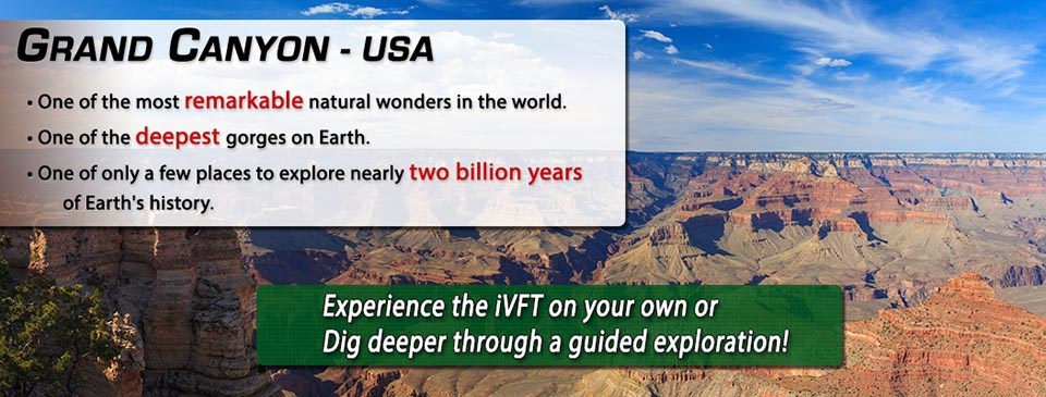 a vast canyon landscape of colorful peaks and sheer cliffs. Superimposed text listed below graphic.