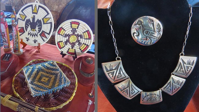 On the left, 3 round Hopi Coil baskets with bird and lizard designs; right, silver overlay necklace and pendant displayed against a black background, pendant design depicts a roadrunner.