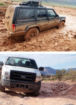 top photo: SUV stuck in mud, bottom photo: truck on rough road