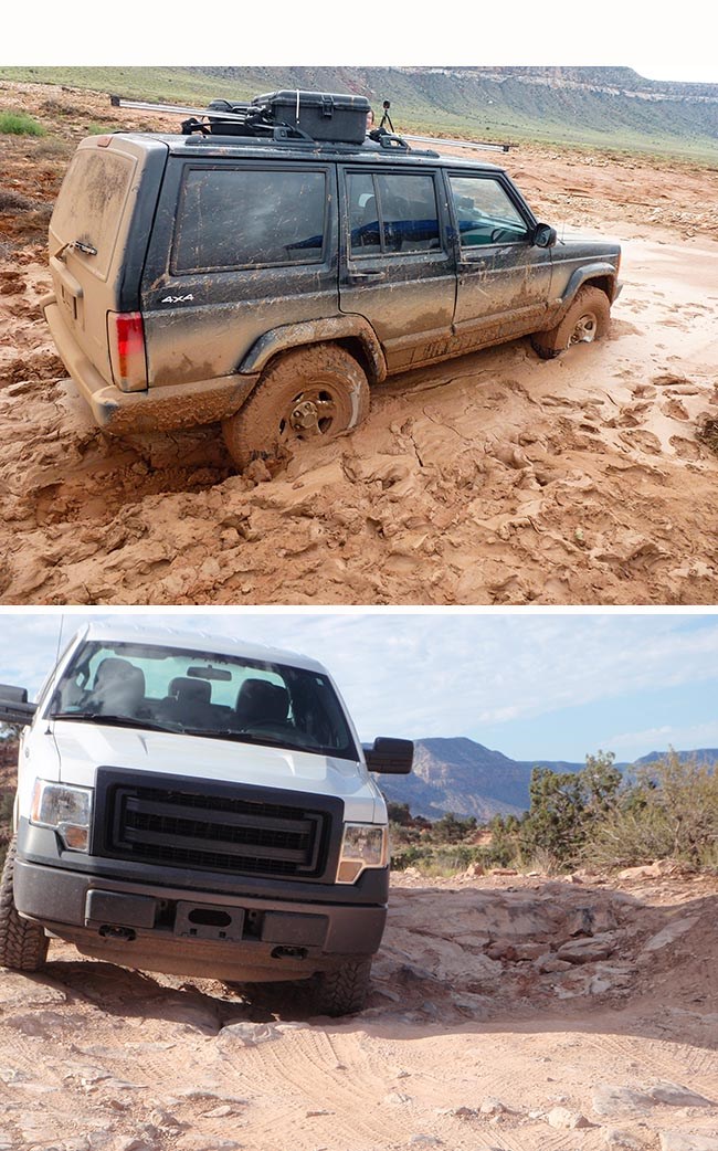 top photo: SUV stuck in mud, bottom photo: truck on a rough dirt road