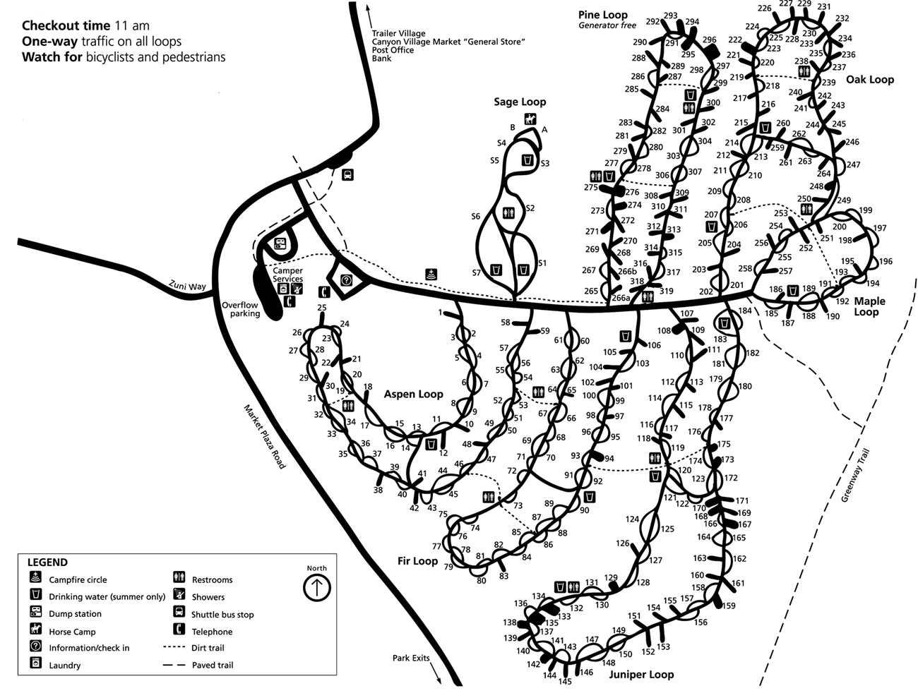 Mather Campground is a large facility with 327 campsites. Each site includes a campfire ring with a cooking grate, picnic table, parking space and room for up to three tents. There are flush toilets and drinking water spigots throughout the campground. map showing a large campground with 7 one-way loop roads that contain 327 individual campsites. The office and service buildings are at the entrance to the campground on the right,