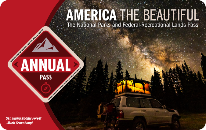 America the Beautiful 2022 Annual pass shows a SUV with a camper mounted to the roof, illuminated by the starry night sky. The word "annual" is in a red diamond on the left.