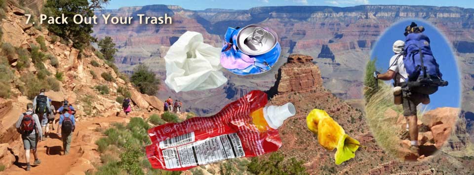 Pack out your trash banner shows hikers going down trail on left, superimposed, toilet paper can, gel tube, apple core. On the right is a backpacker carrying a large pack.