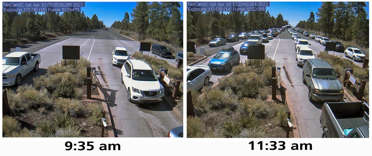 a pair of photos showing the length of vehicle lines waiting to enter the park. 9:35 am shows 6 cars. 11:33 shows 5 long lines extending to the horizon