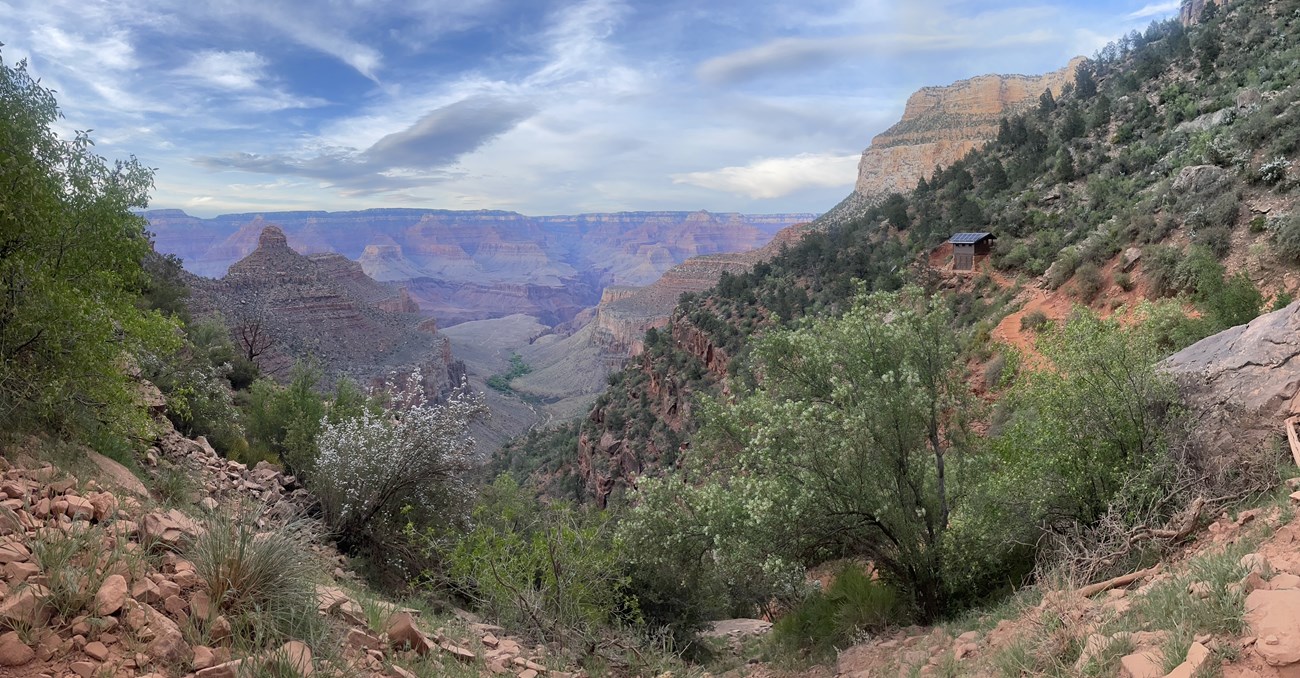 Vegetation along a hiking trail is visible in the foreground and restroom and water facilities are visible on the right of the trail with canyon walls in the background.