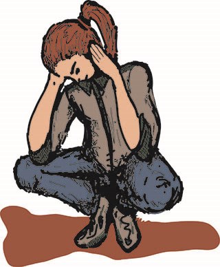 An image of a girl crouching with her hands over her ears