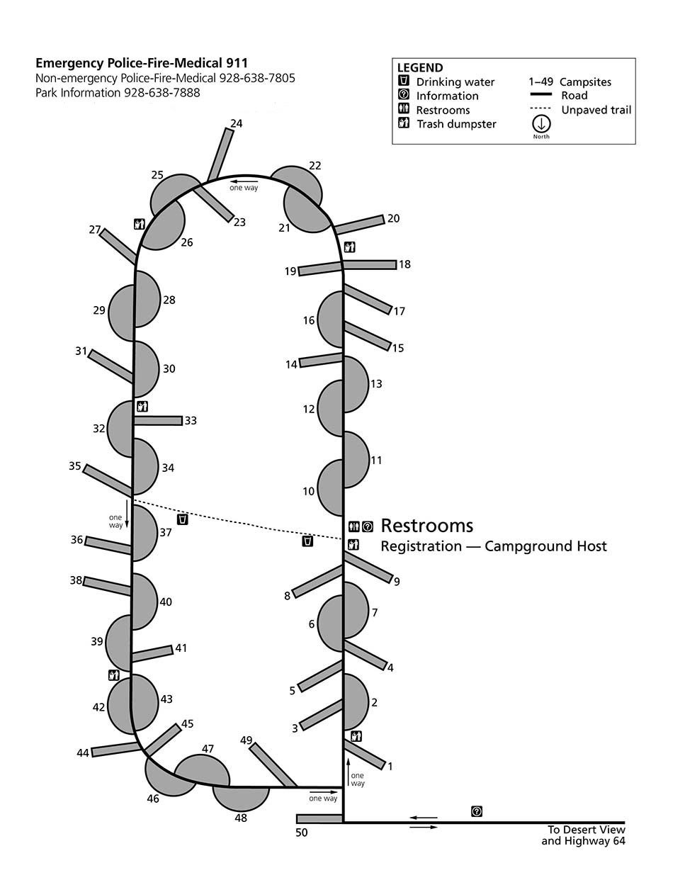 A map of Desert View Campground showing all 50 of the the campsites that are spaced evenly around a single one-way loop in the shape of an oval. Site numbers begin with 1, and continue counter clockwise around the loop.