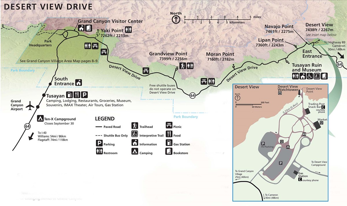 Desert View Drive map showing Grand Canyon Village on the left, overlooks along the 25 mile drive, then Desert View settlement on the right, with enlargement of Desert View. 
