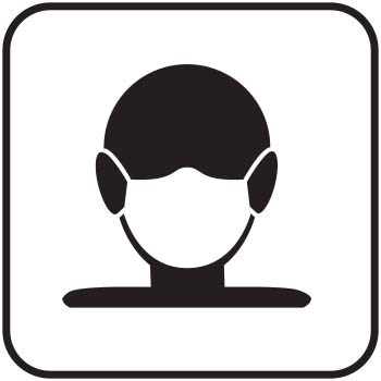 Facemask Symbol 350 px graphic of a person's head that is wearing a face mask within a square frame.