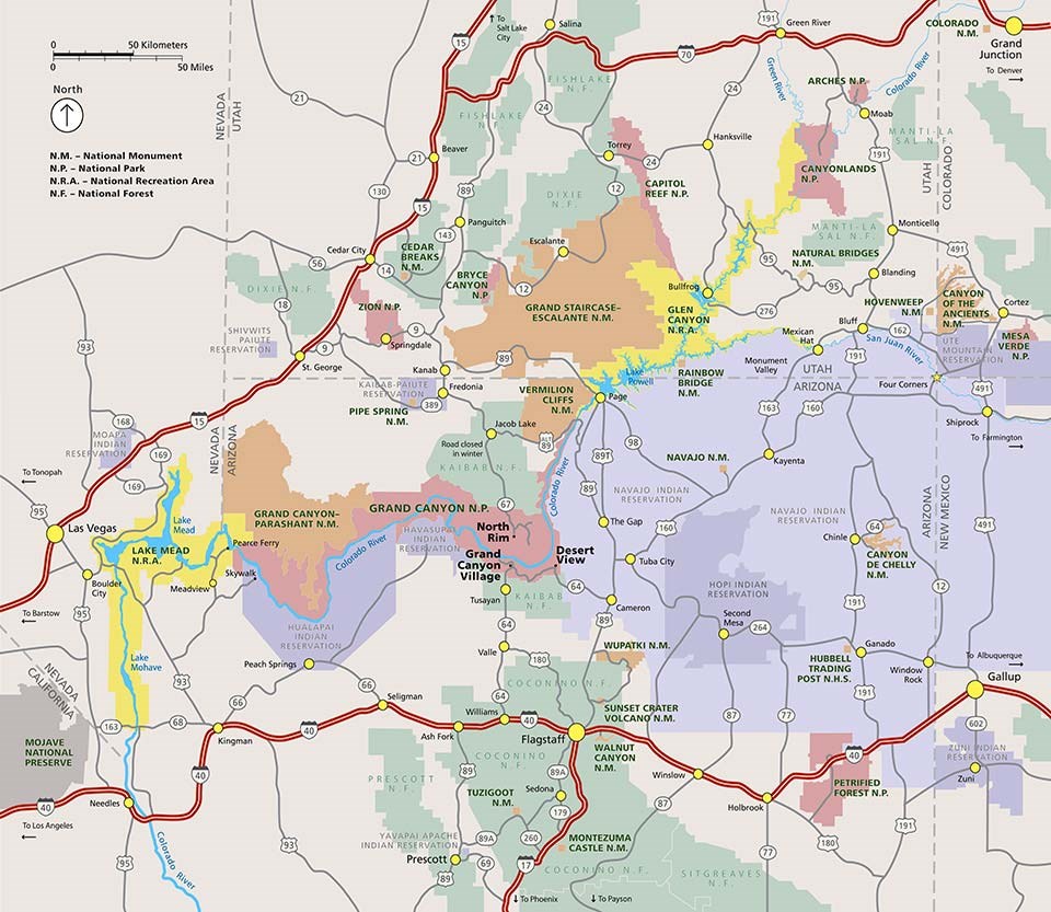 Grand Canyon Area Map: Shows major highways, cities, towns, public and tribal lands.