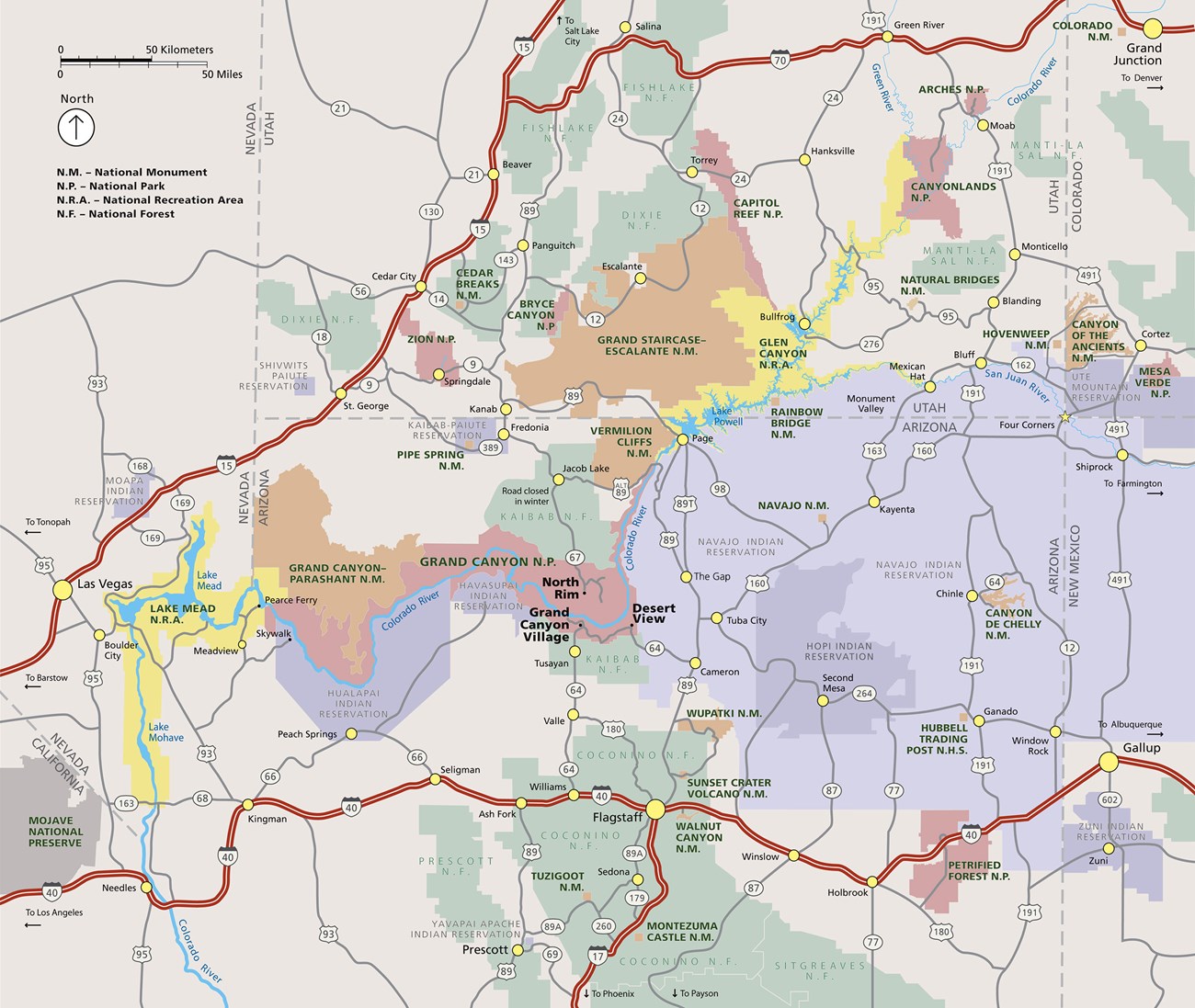 Grand Canyon Area Map: Shows major highways, cities, towns and tribal and public lands.