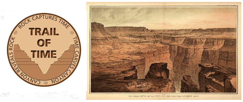 On the left, a round seal for the Trail of Time, on the right, a vintage engraving of canyon walls and cliffs.