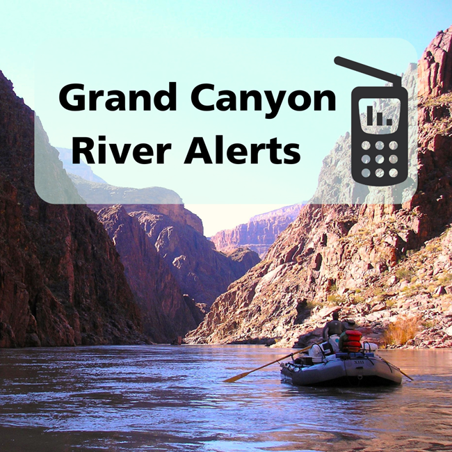 Grand Canyon River Alerts in text with an image of a satellite phone overlayed with a picture of a boater on the Colorado River