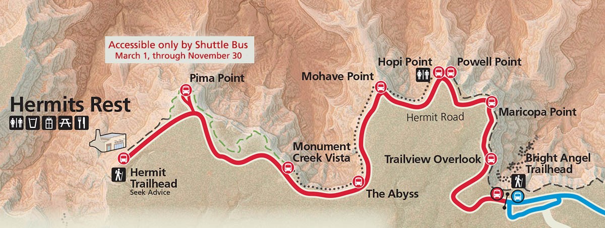 Map showing the edge of Grand Canyon with Hermit Road, indicated by a red line, and 9 of the scenic overlooks along the 7.5 mile road.