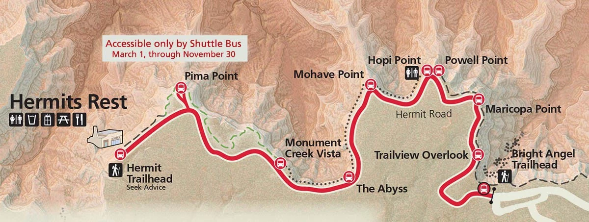 Hermit Rd South Rim Pocket Map showing Hermit Road, indicated by a red line, and 9 scenic overlooks along the 7.5 mile road.