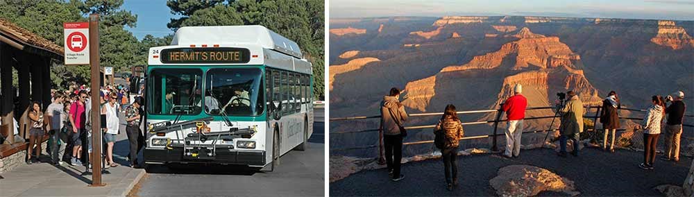 Left: Hermit Road shuttle boarding. Right: Scenic view of Grand Canyon from Hermit Road early in the morning.