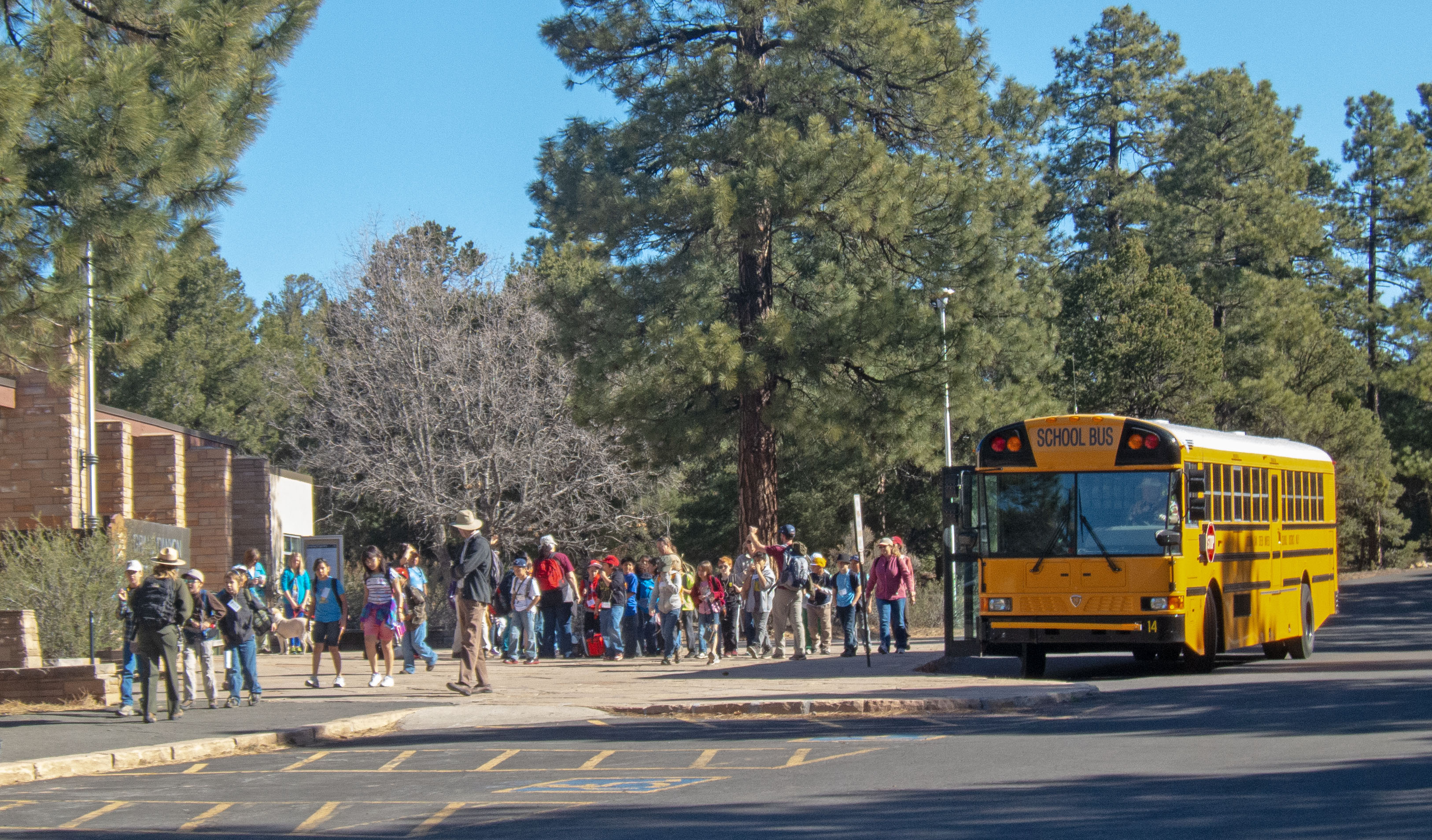A yellow school bus parked alongside a curb in front of a building. Dozens of children and adults group outside.