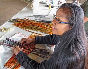 Portrait of a woman in profile with long black hair. Her hands are weaving a basket of yucca leaves dyed orange and purple