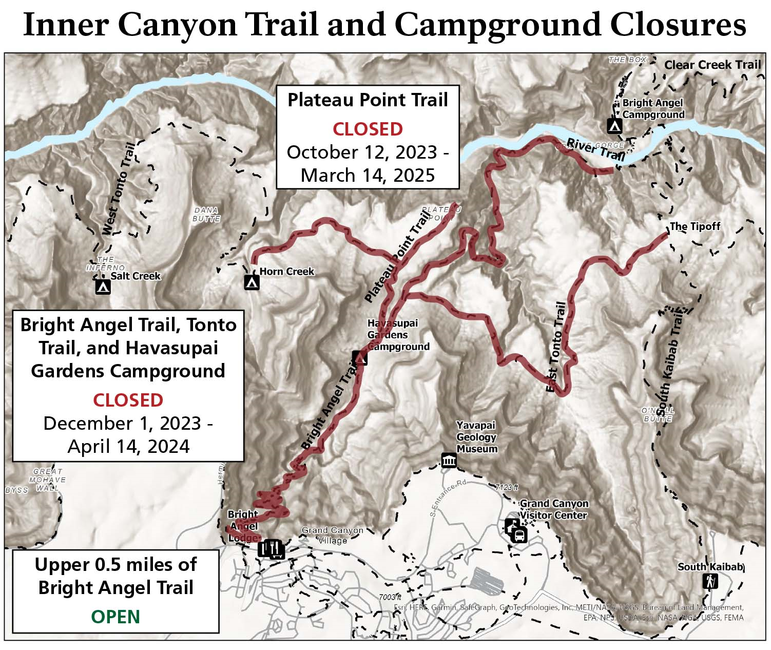 Map showing corridor trails. South Rim Village at the bottom and Colorado River at the top of the map. Trails highlighted red to indicate closures: Bright Angel Trail, Plateau Point Trail, and Tonto Trail just east of Horn Creek to The Tipoff.