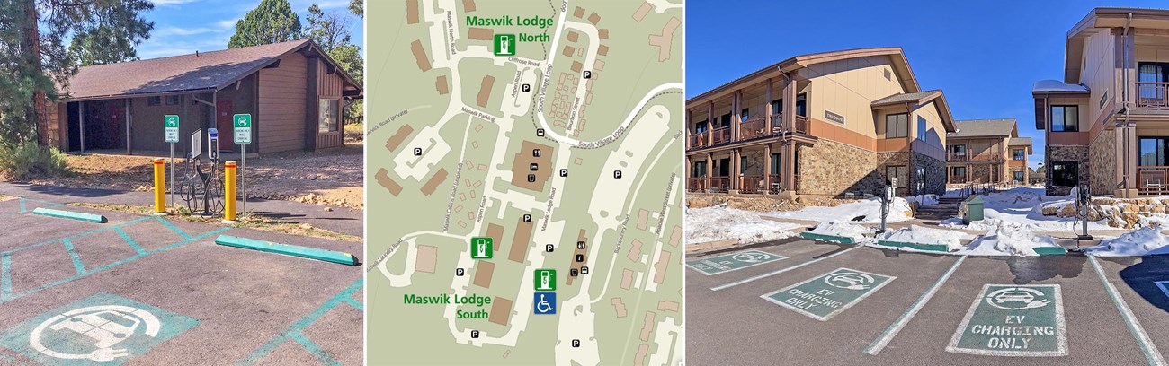 a series of 3 photos that show electric vehicle charging stations in relation to lodge buildings, with a location map with a photo on either side of the map.