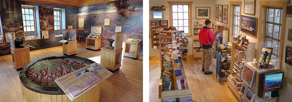 Two interior photos in North Rim Visitor Center. Left: Exhibit area with round relief map in foreground. Right: Bookstore and gift shop.