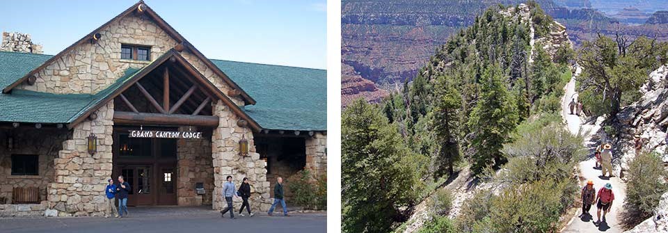 Left: front entrance to rustic Grand Canyon Lodge features log and stone construction. Right: looking down Bright Angel Point Trail as it recedes into the distance; tiny people walking on trail.