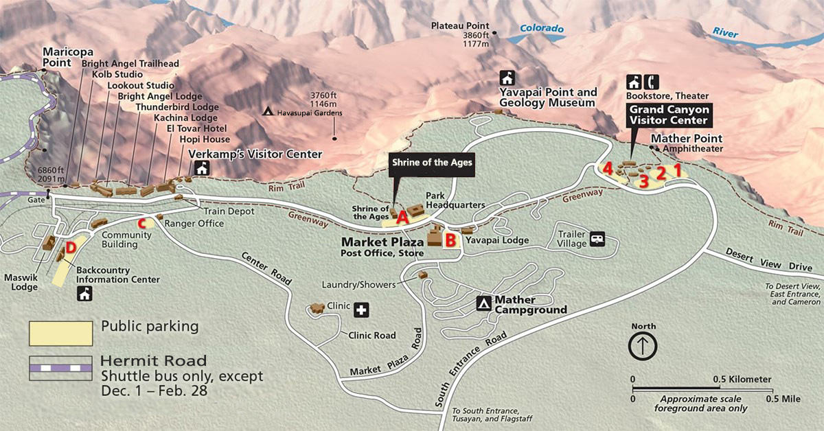 A map of South Rim Village and the surrounding area, showing the locations of the night sky programs, the South Rim Visitor Center, and Shrine of the Ages Auditorium. Black flags  pinpoint each location.