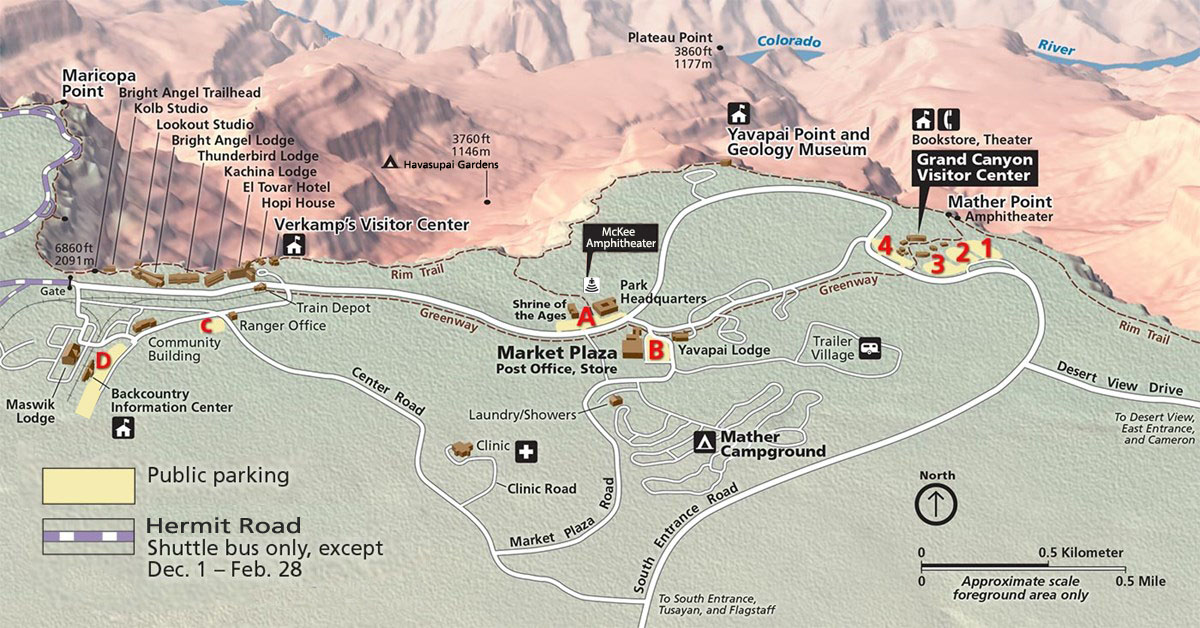 A map of South Rim Village and the surrounding area, showing the locations of the night sky programs, the South Rim Visitor Center, and Shrine of the Ages Auditorium. Black flags  pinpoint each location.