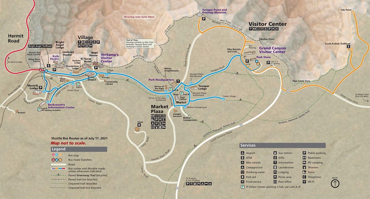 Map showing South Rim Grand Canyon Village and Vicinity showing the three shuttle bus routes indicated by red, blue and orange lines, that are in service as of July 17, 2021.