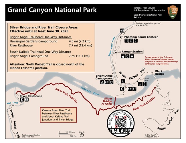 Map of inner canyon; River Trail and Silver Bridge are colored red denoting they are closed.  Inset boxes include hiking distances on Bright Angel Trail, and again note that the River Trail and Silver Bridge remain closed.