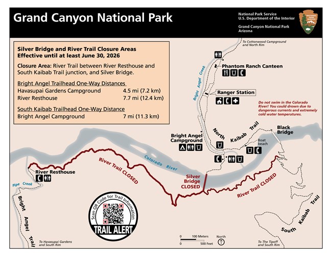 Map of inner canyon; River Trail and Silver Bridge are colored red denoting they are closed.  Inset boxes include hiking distances on Bright Angel Trail, and again note that the River Trail and Silver Bridge remain closed.