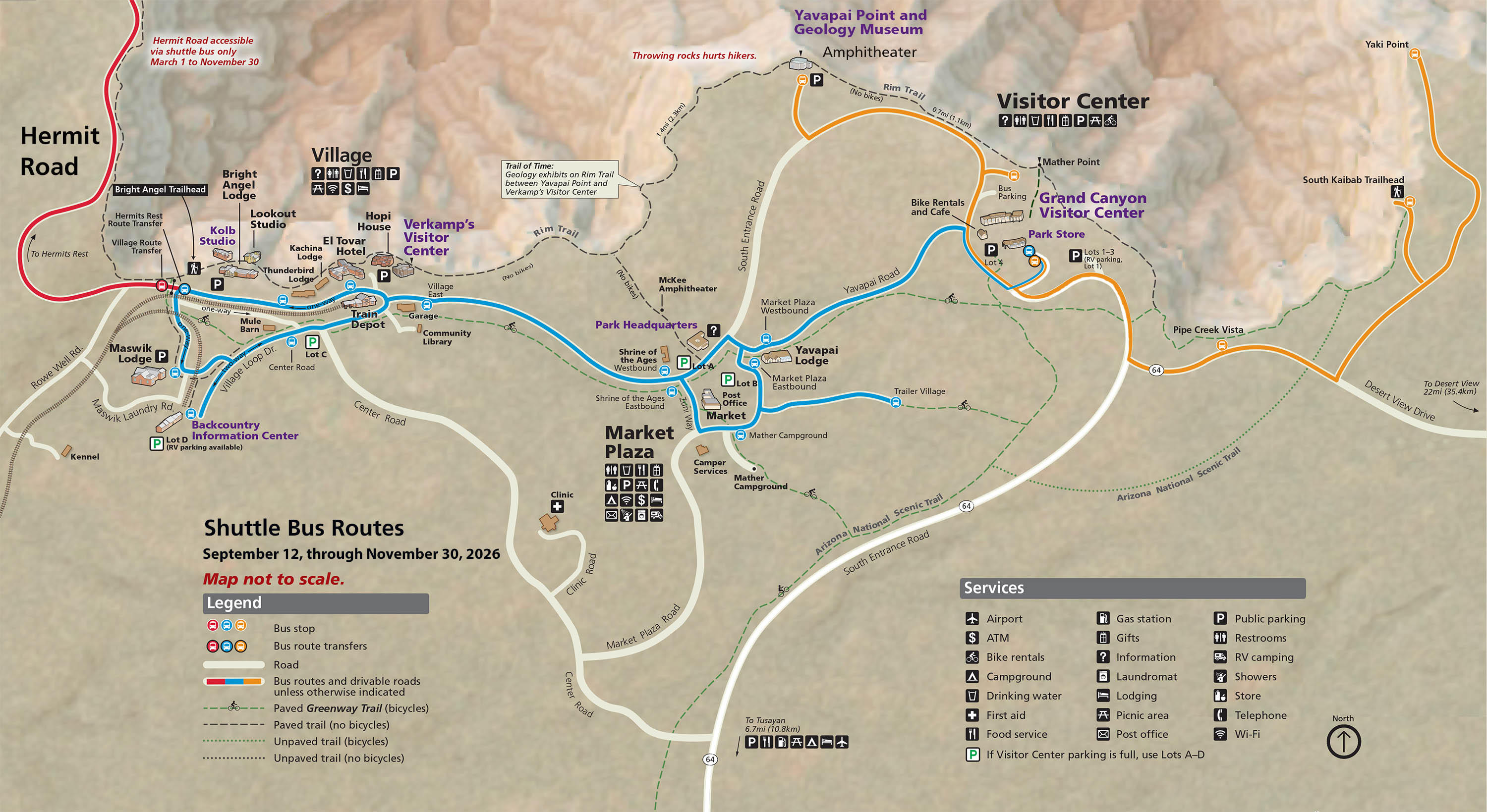 Map showing South Rim Grand Canyon Village and Vicinity showing three shuttle bus routes that are in service during the spring. The 4 routes are indicated by blue, orange purple and red lines.