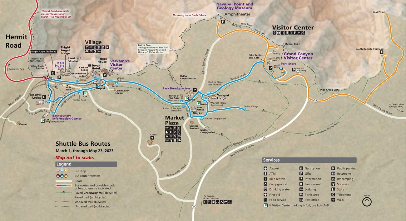 Map showing South Rim Grand Canyon Village and Vicinity showing three shuttle bus routes that are in service during the spring. The routes are indicated by blue, orange and red lines.