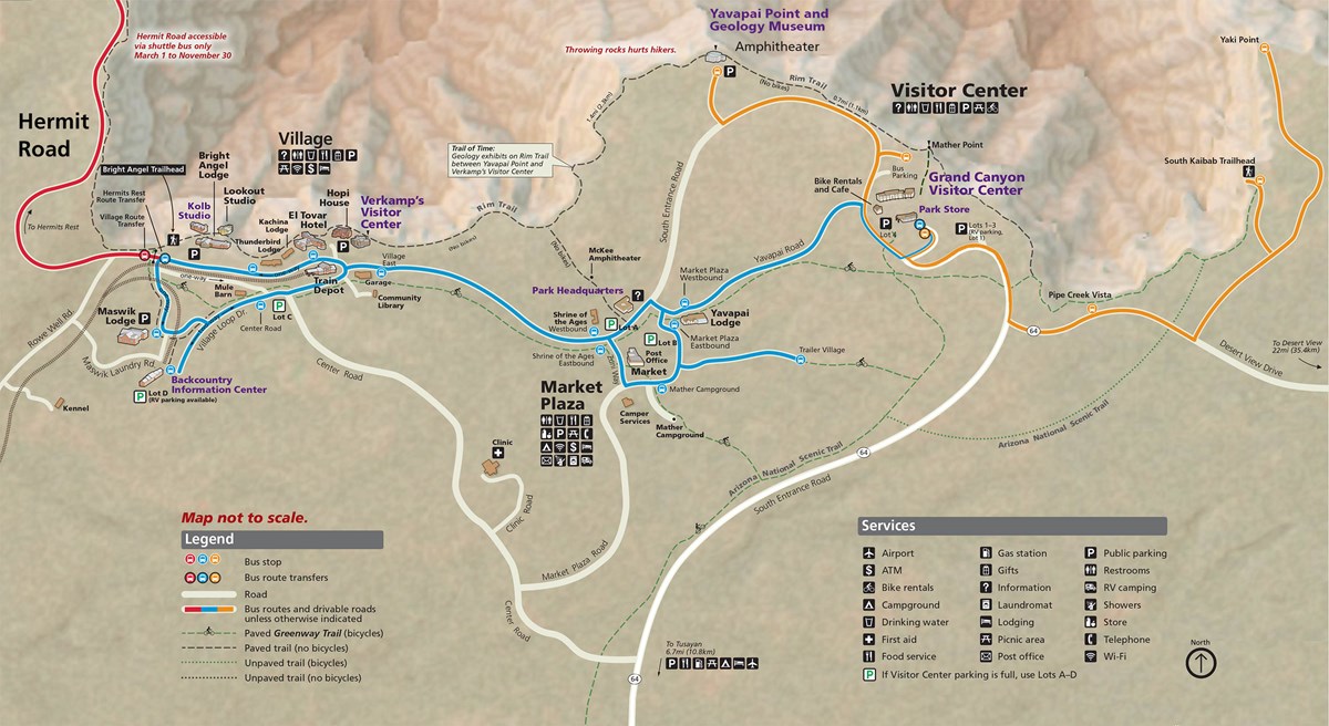Map showing South Rim Grand Canyon Village and vicinity, showing the routes of three shuttle bus routes that are in service during fall 2022.