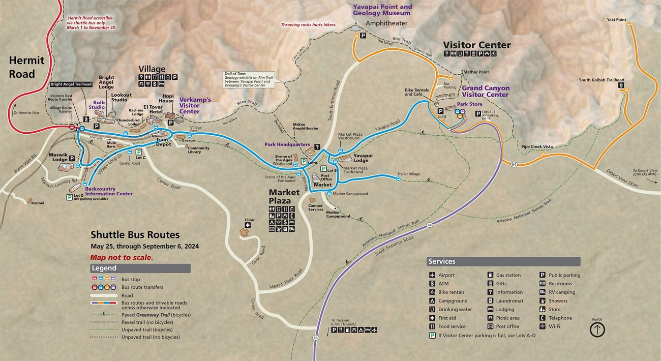 Map showing South Rim Grand Canyon Village and Vicinity showing four shuttle bus routes that are in service during summer 2024