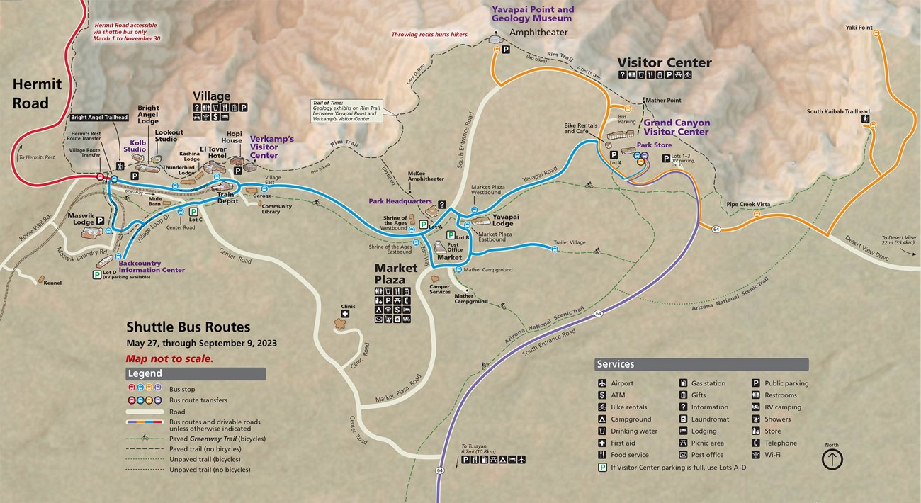 Map showing South Rim Grand Canyon Village and Vicinity showing four shuttle bus routes that are in service during summer 2023