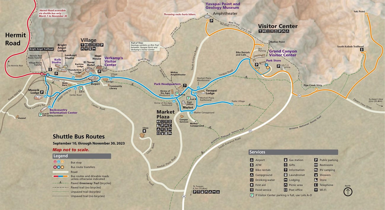 Map showing South Rim Grand Canyon Village and Vicinity showing four shuttle bus routes that are in service during summer 2023